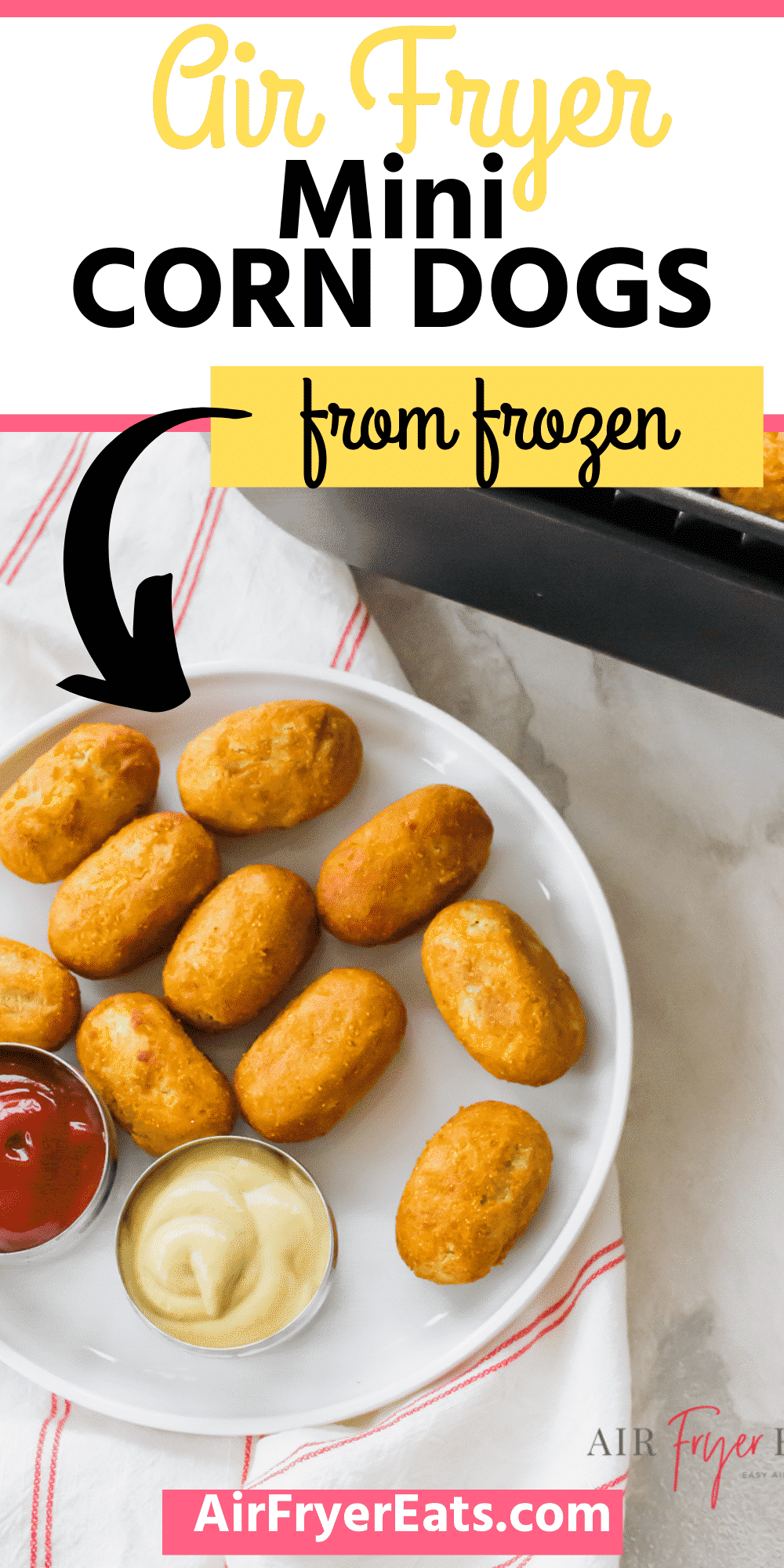 Air Fryer mini corn dogs are quick and easy appetizer to make. Serve these at a party or use them for a kid friendly dinner or lunch option. #air fryer #snacks #fairfood via @vegetarianmamma