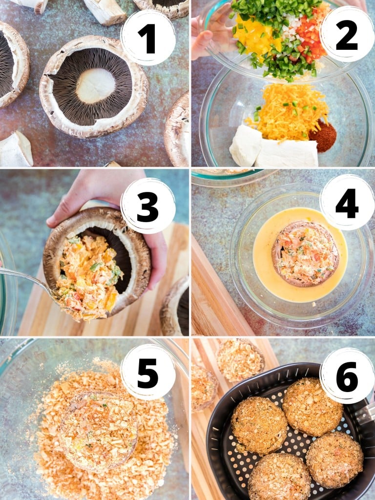 photo collage showing six steps needed to make air fryer mushrooms