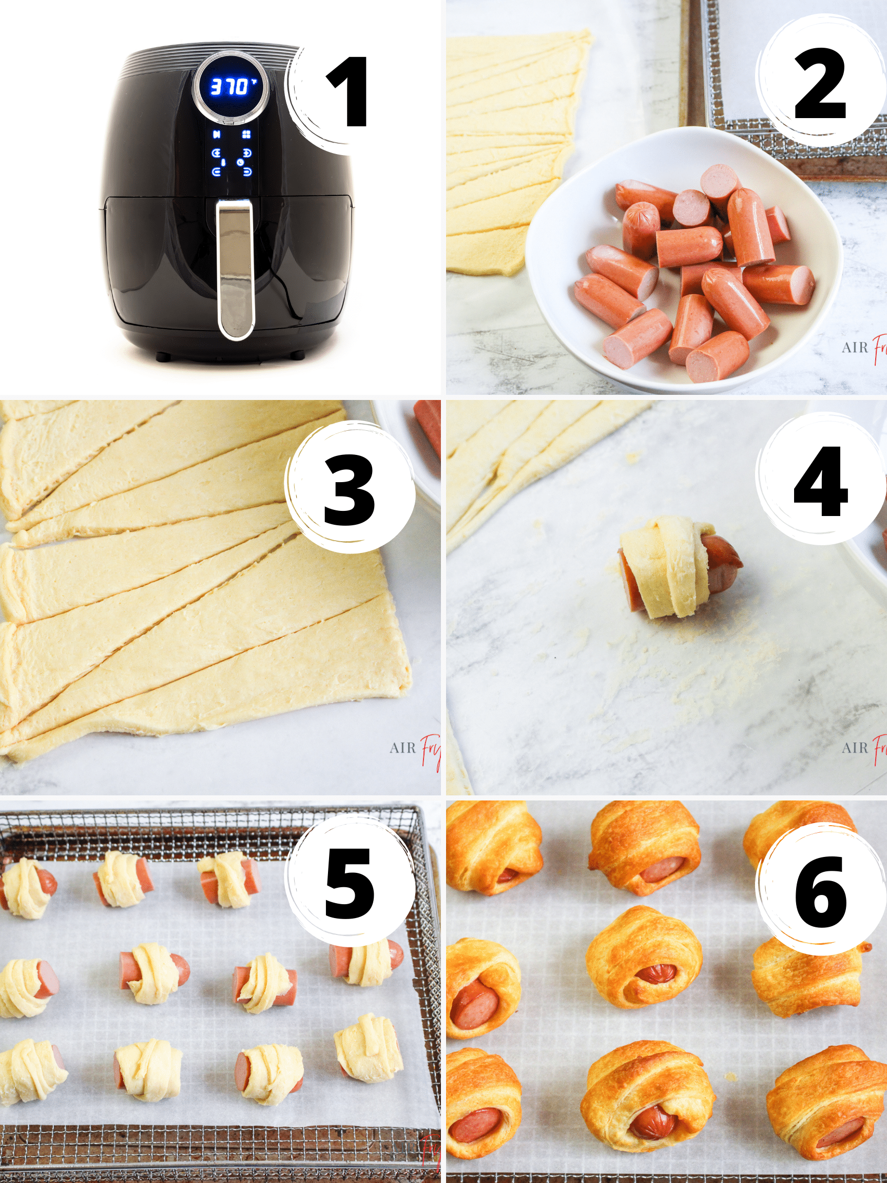 a photo collage with six cells, each showing a step needed to make air fryer pigs in a blanket
