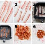 A collage of six photos showing how to make crispy bacon in an air fryer
