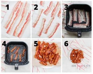 A collage of six photos showing how to make crispy bacon in an air fryer