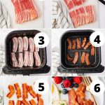 photo collage showing six steps needed to make bacon in the air fryer