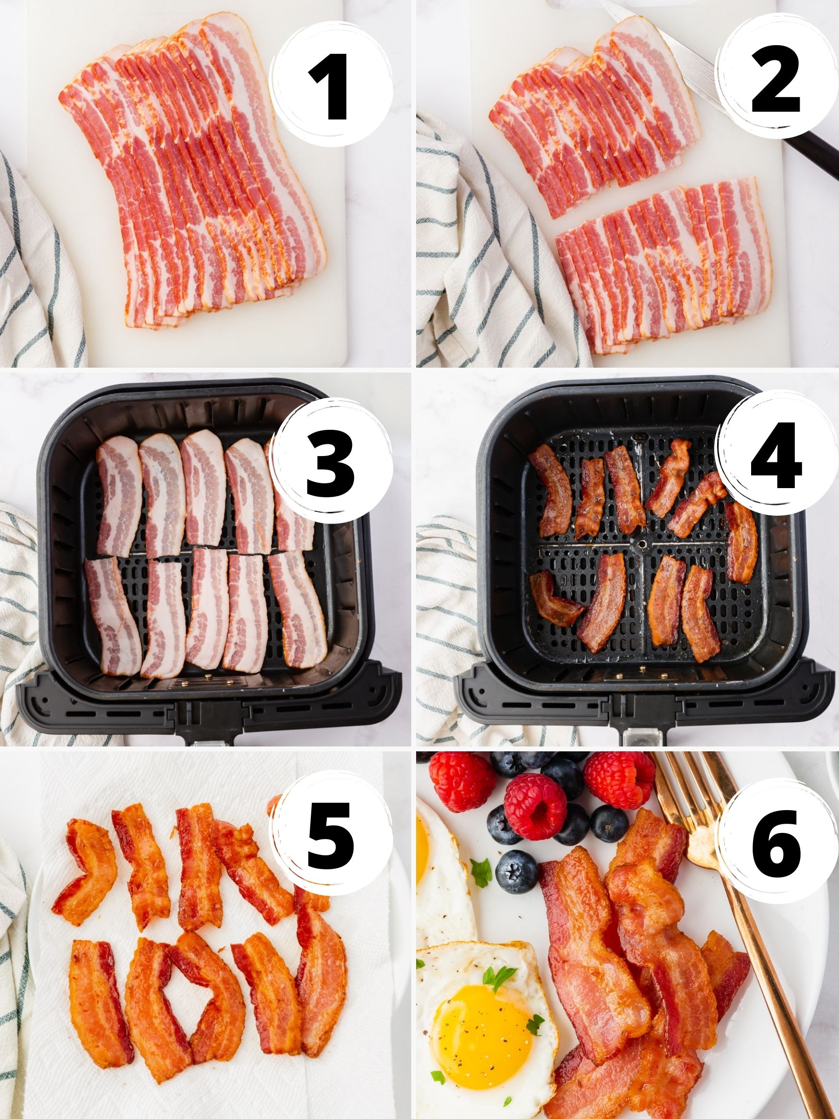 photo collage showing six steps needed to make bacon in the air fryer