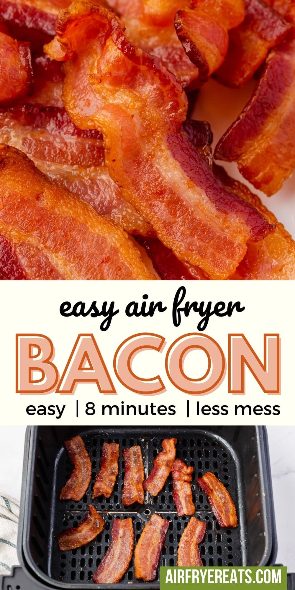 images of air fryer bacon with text in between them that says, Easy air fryer bacon