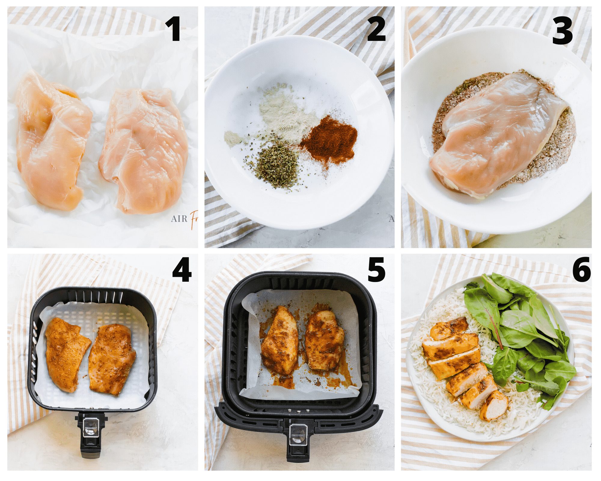 photo collage showing 6 steps needed to make air fryer chicken breast.