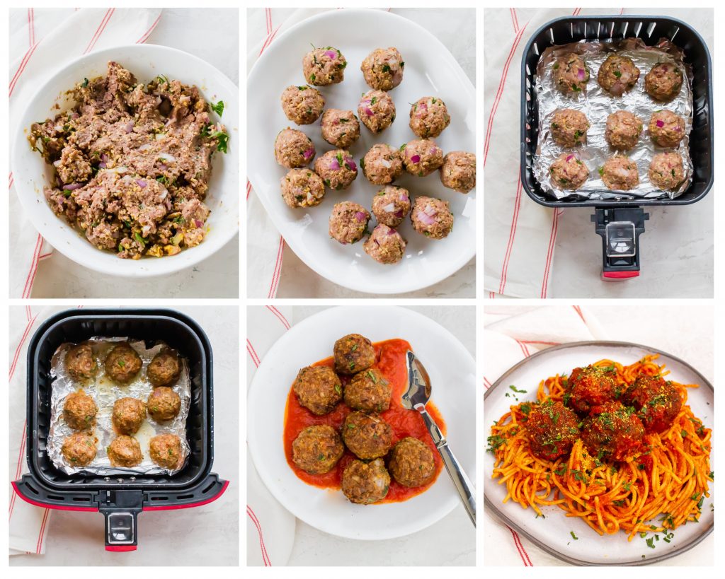 Step by step instruction on how to form and cook air fryer meatballs.