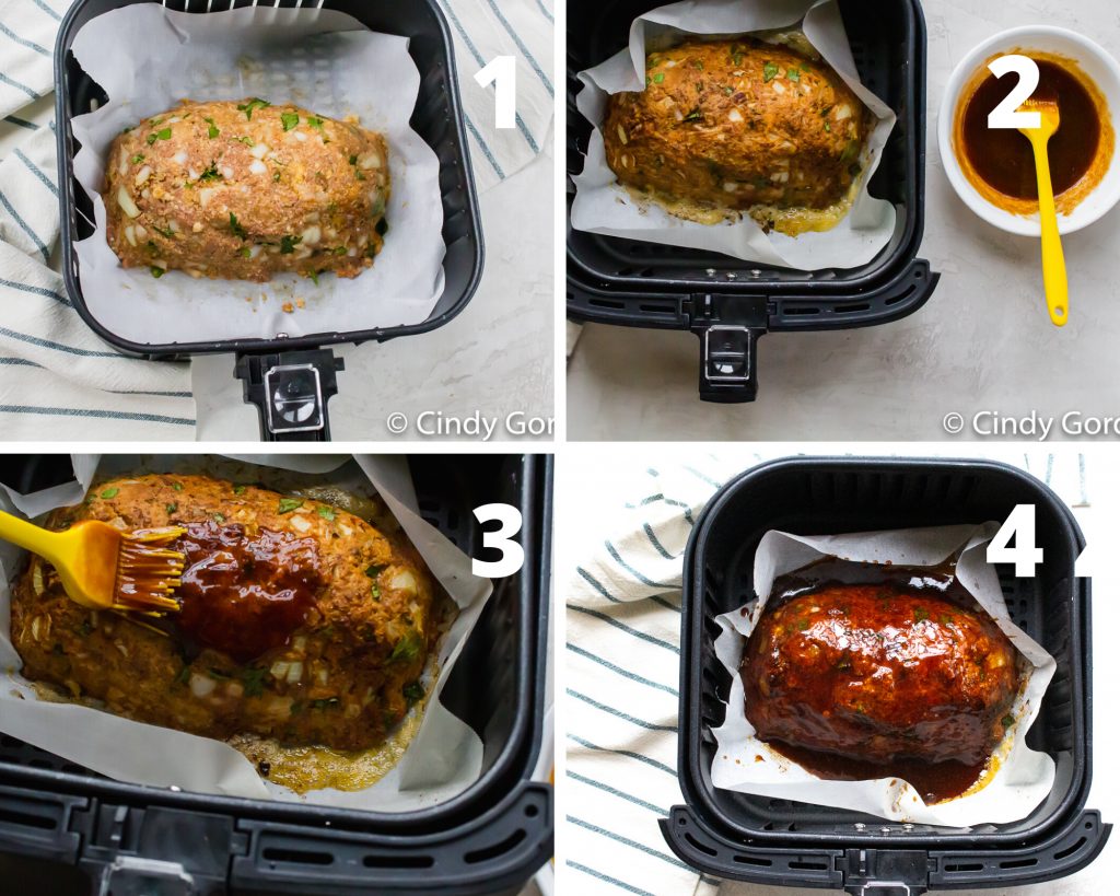 4 collage pictures of air fryer meatloaf in the making. Raw, adding glaze sauce with a yellow brush 