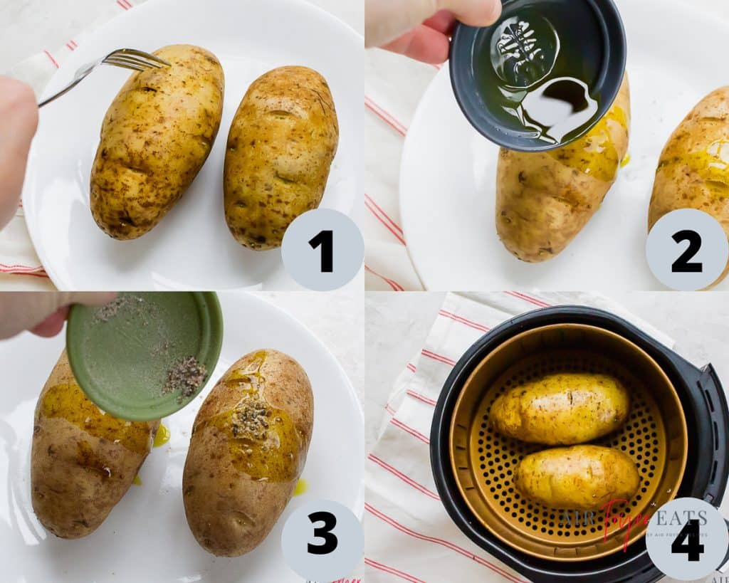 a collage of four images showing instruction for cooking baked potatoes in an air fryer