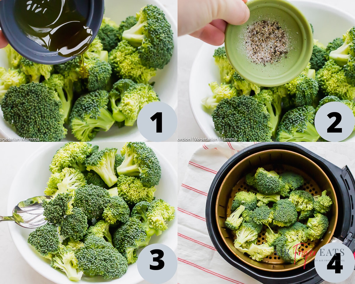 step by step collage pictures show how to make air fryer broccoli