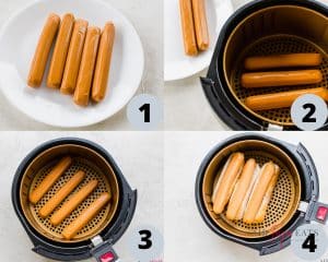 a collage of four photos showing instructions for cooking hot dogs in an air fryer