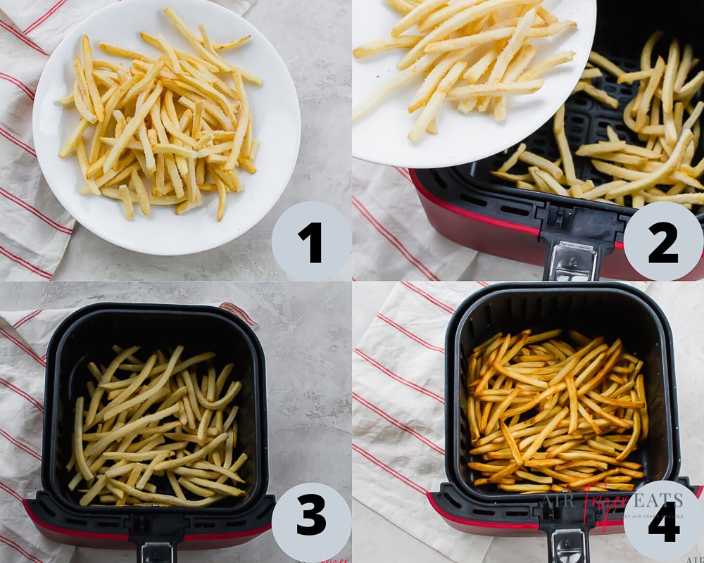 a collage of four images showing directions for cooking french fries in an air fryer