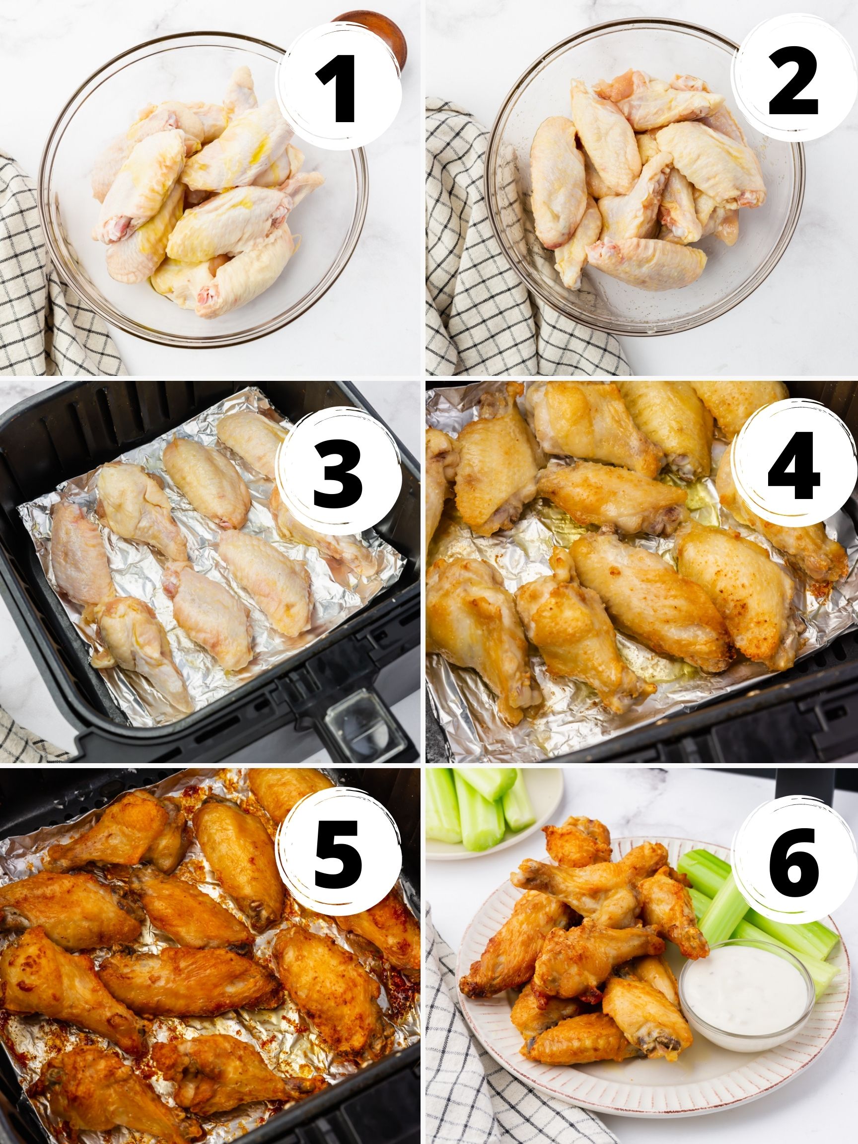 A photo collage showing six steps for making wings in air fryer