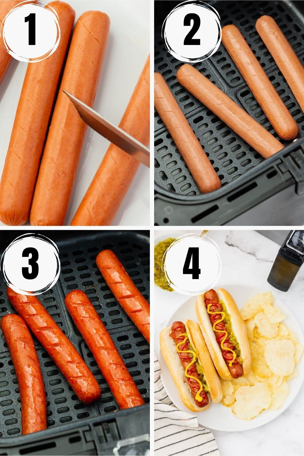 Photo Collage showing four steps to take when air frying hot dogs