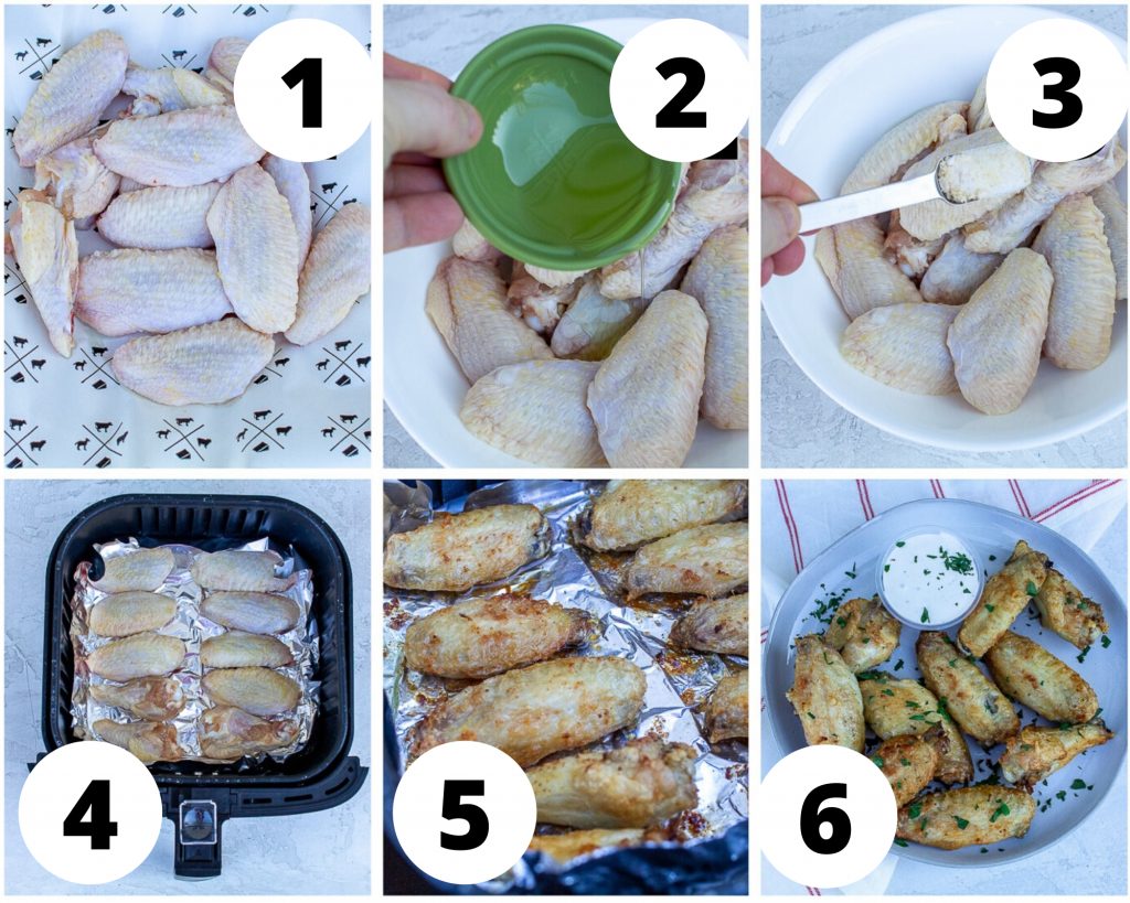 a collage of six photos showing instructions for cooking chicken wing pieces in an air fryer