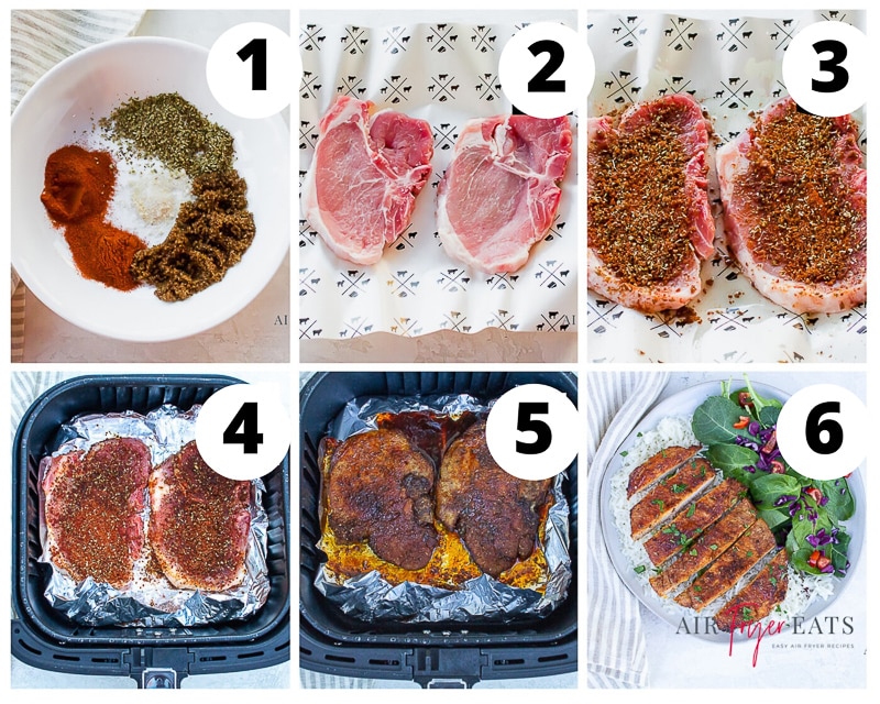 a collage of size photos showing steps for cooking and serving air fryer porkchops