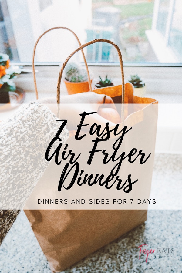 text saying 7 easy air fryer dinners is over layed over a picture of a brown paper bag with catus in the back.