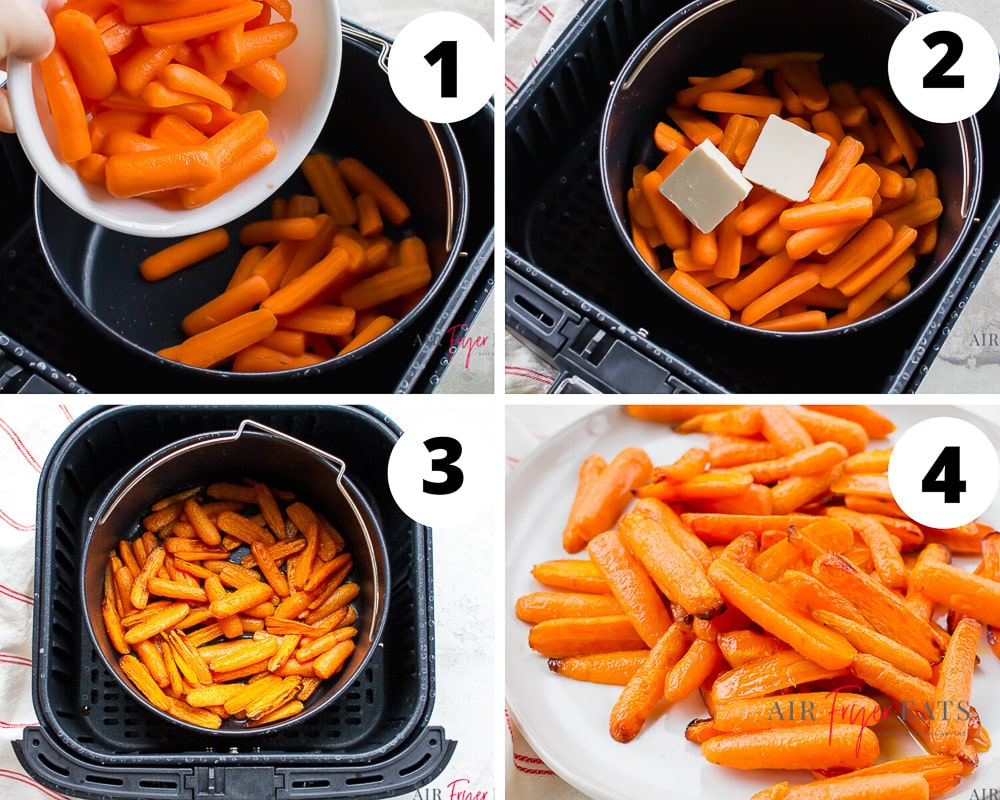 4 picture ingredient and instruction collage. 4 pictures showing how to make air fryer carrots