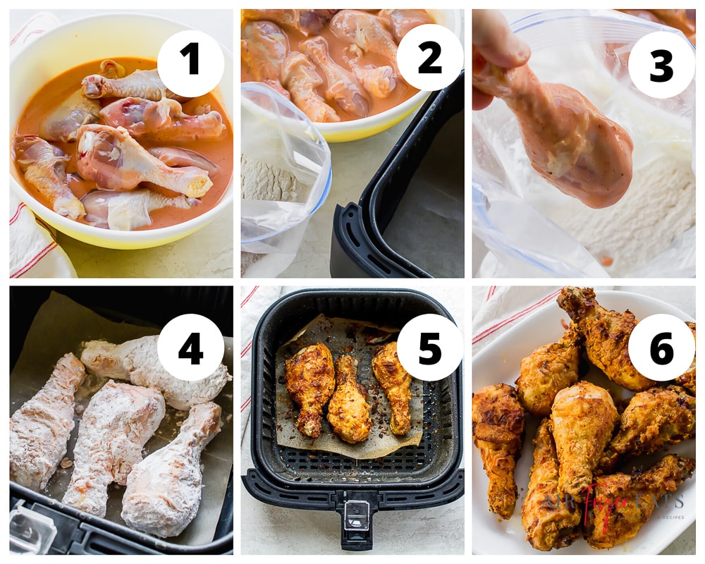 a collage of six images showing step by step instructions for making fried chicken in an air fryer