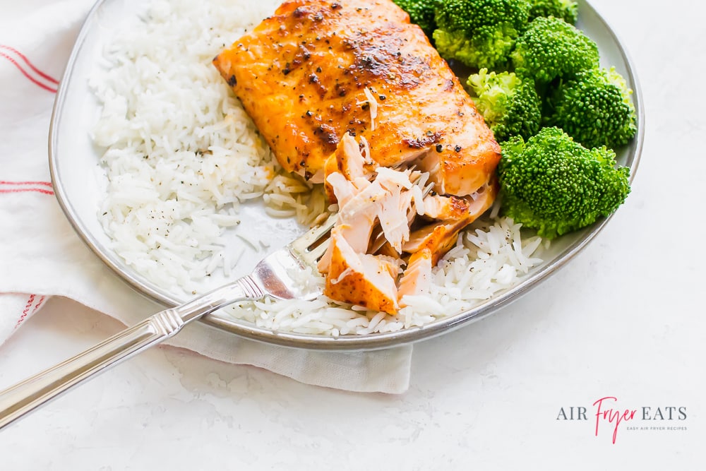 a fillet of cooked salmon on a round plate with rice and broccoli