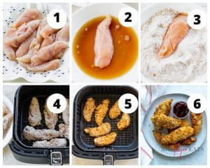 a collage of six images showing instructions for making chicken tenders in an air fryer