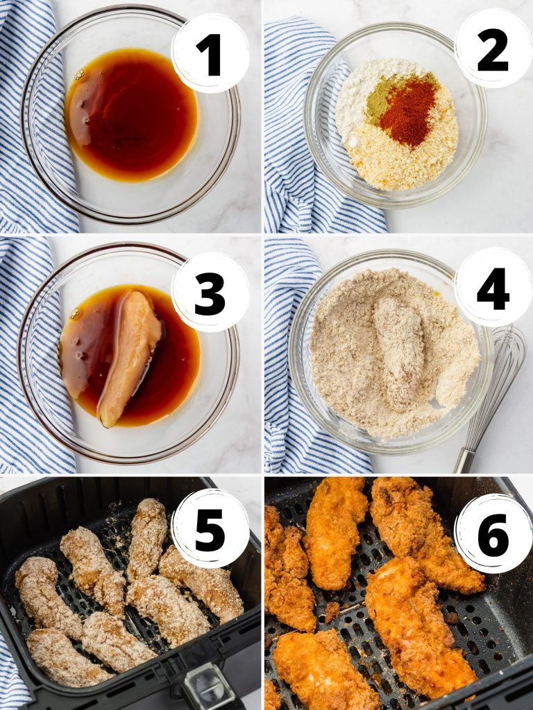 a photo collage showing six steps needed to make chicken fingers in the air fryer