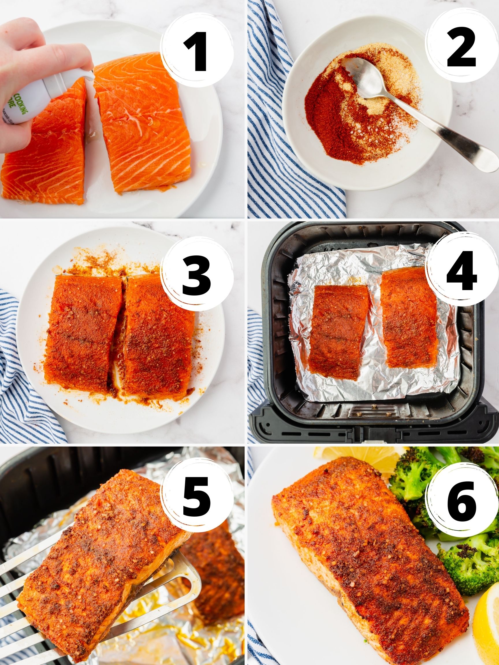 Photo Collage showing six steps needed to make salmon in an air fryer.