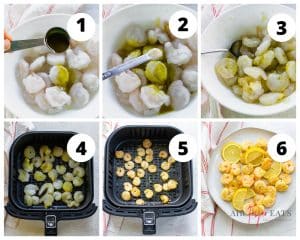 a collage of six images showing instructions for cooking shrimp in an air fryer