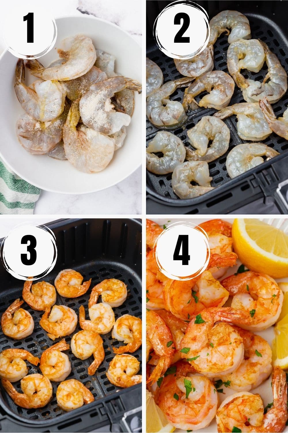 photo collage showing four steps needed to make shrimp in the air fryer