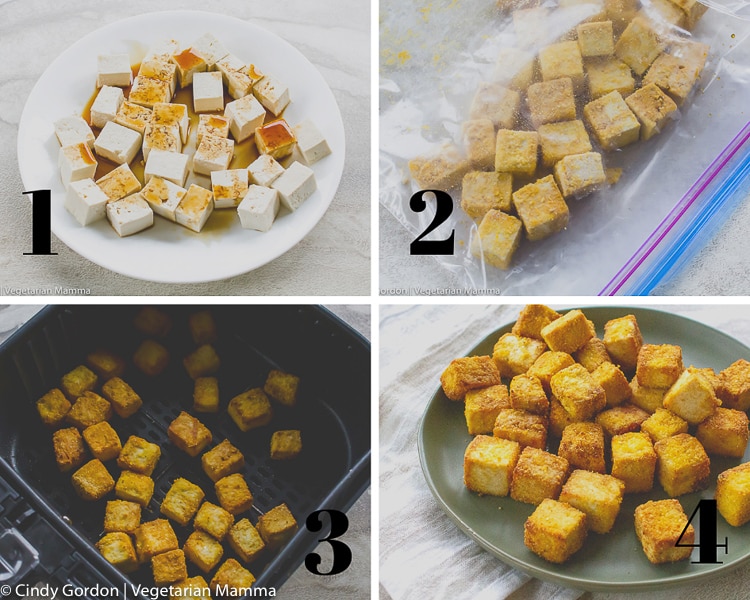 a collage of four images showing how to make air fryer tofu