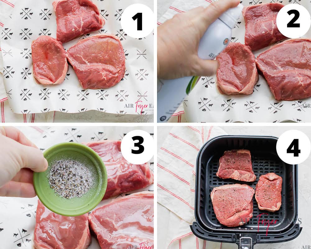 a collage of four images showing how to prepare steak to go in an air fryer