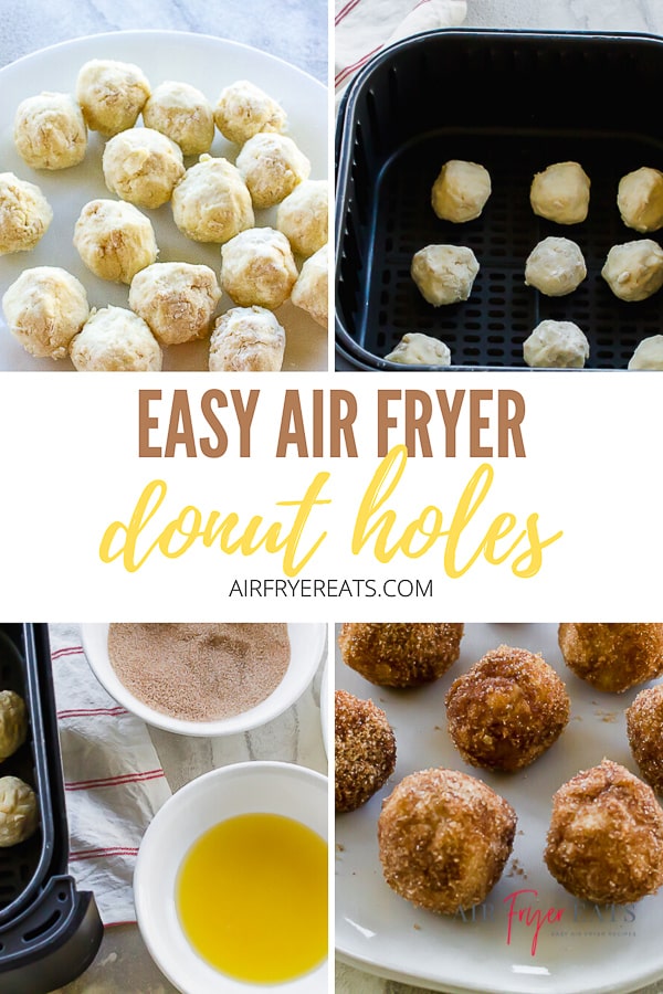 Air Fryer Donuts are bite-sized balls of dough and sugar with less fat than traditional donuts! This cinnamon sugar coating makes them irresistible. #airfryerdonuts #cinnamonsugardonuts #donuts via @vegetarianmamma