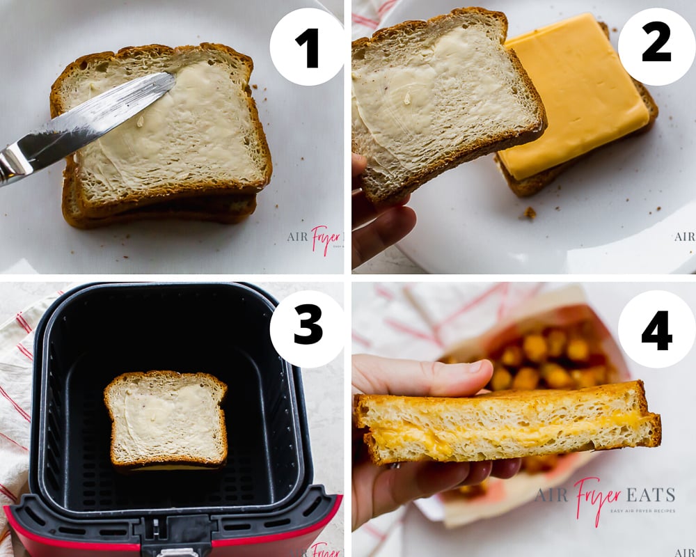 collage of four images showing instructions for making grilled cheese in the air fryer