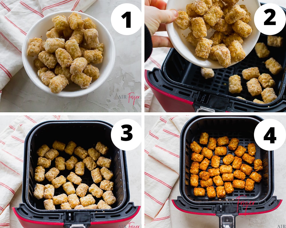 collage of images showing instructions for making tater tots in an air fryer