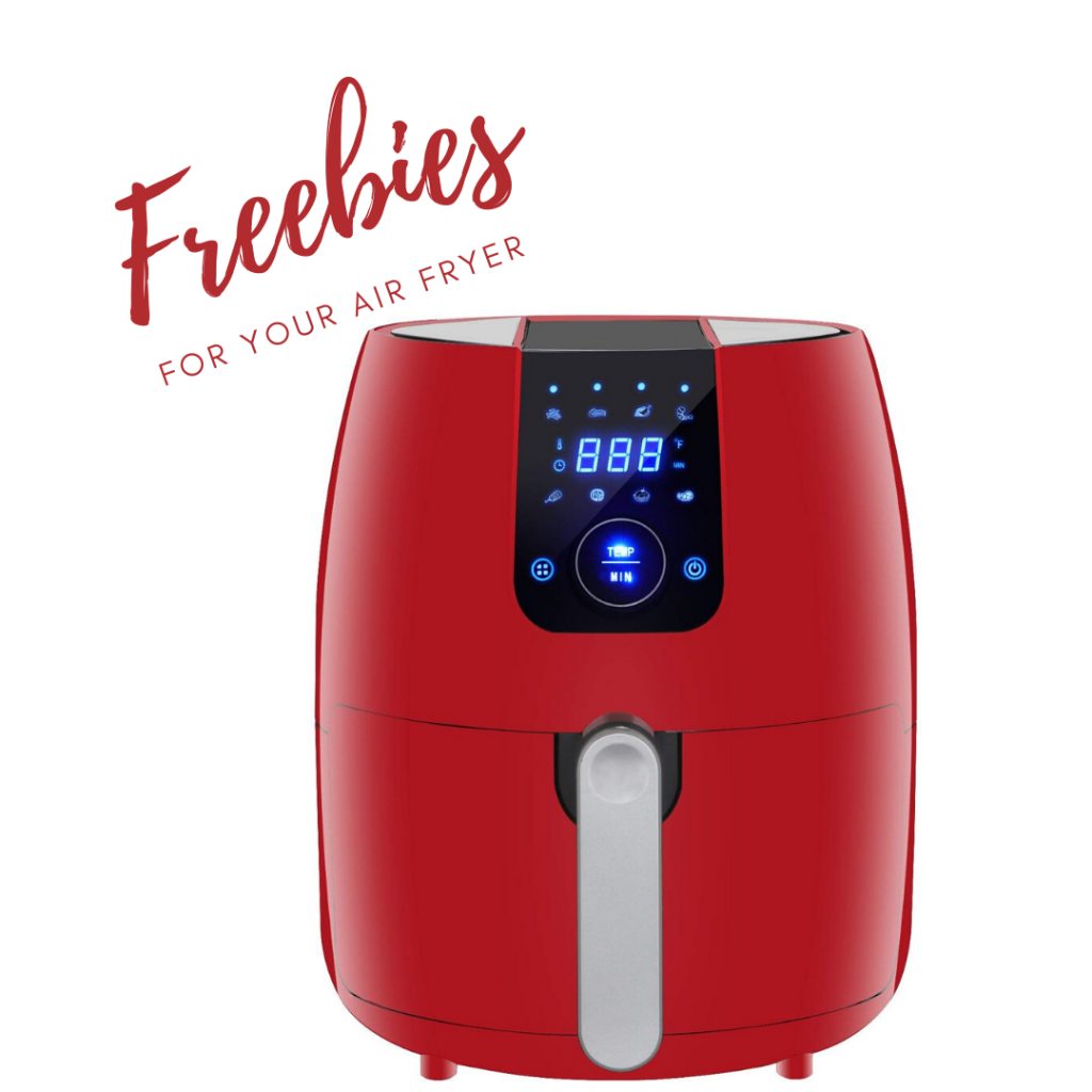 Freebies for your air fryer words in write link to the top left of a red air fryer