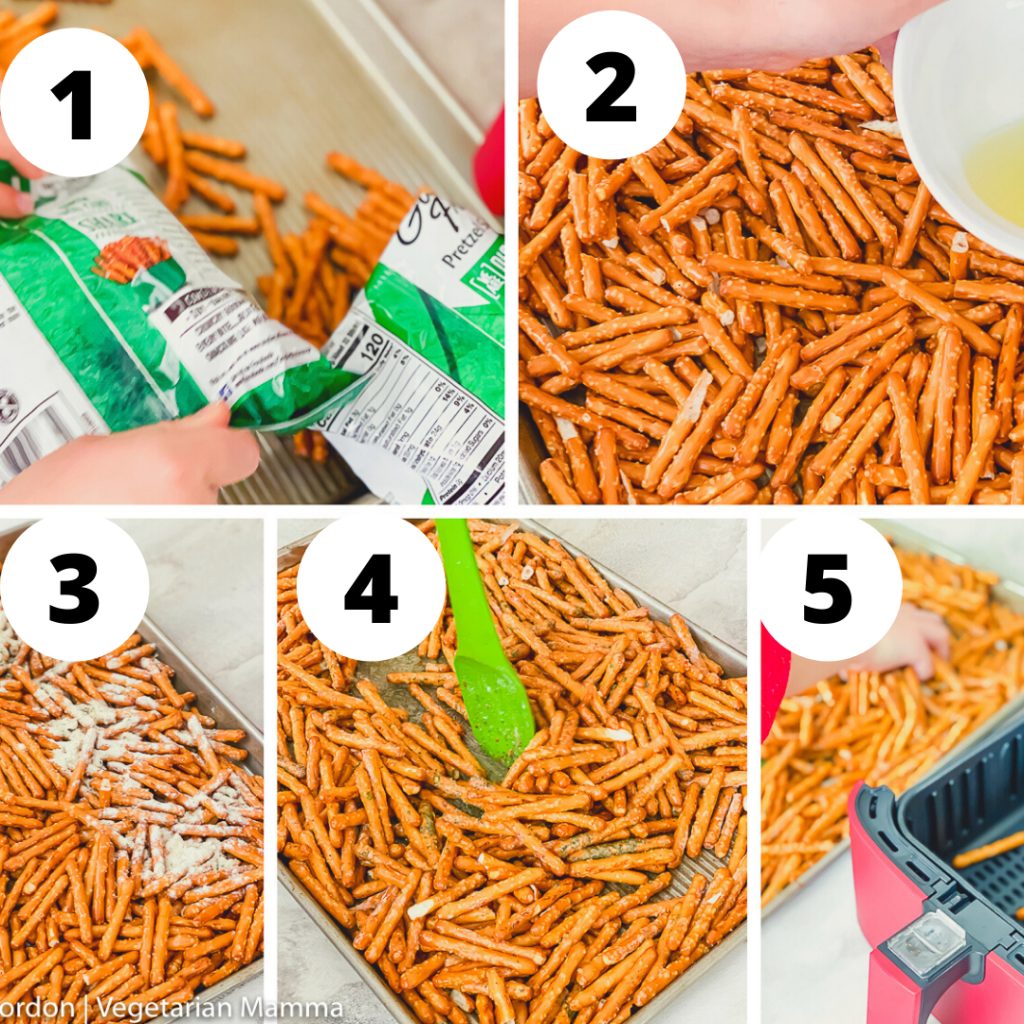 collage of 5 images that show the step by step directions for making air fryer seasoned pretzels