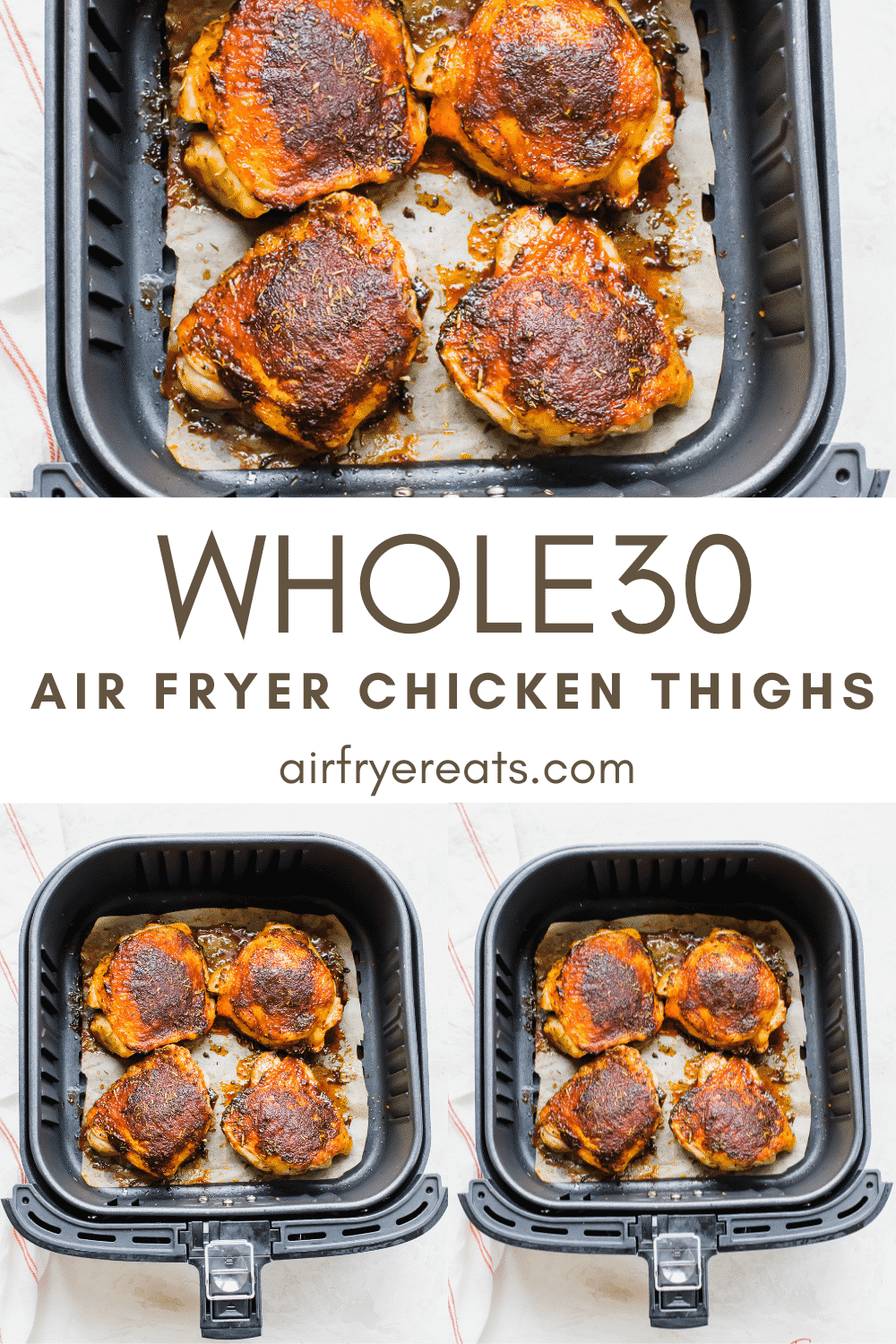 These Air Fryer Chicken Thighs are moist inside and crispy outside! This 30-minute meal is a family favorite made from simple pantry staples. #airfryerchickenthighs #chickenthighs #italianchickenthighs via @vegetarianmamma