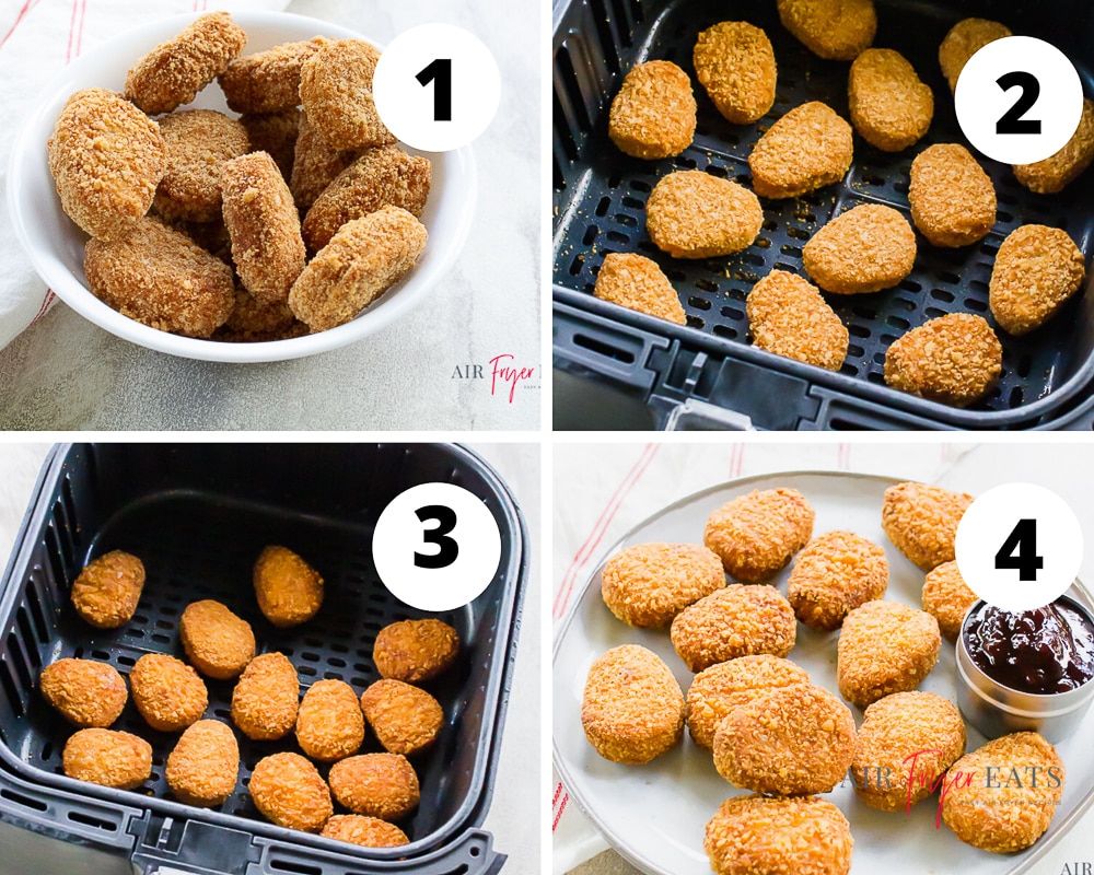 Collage picture showing how to make frozen chicken nuggets in air fryer. First picture on top left is frozen nuggets in white bowl. Second picture on top right is frozen nuggets in black air fryer basket. Bottom left picture, which is pic number 4 has cooked nuggets in a black air fryer basket. Last picture, number four, has cooked nuggets on a gray plate with maroon dipping sauce.