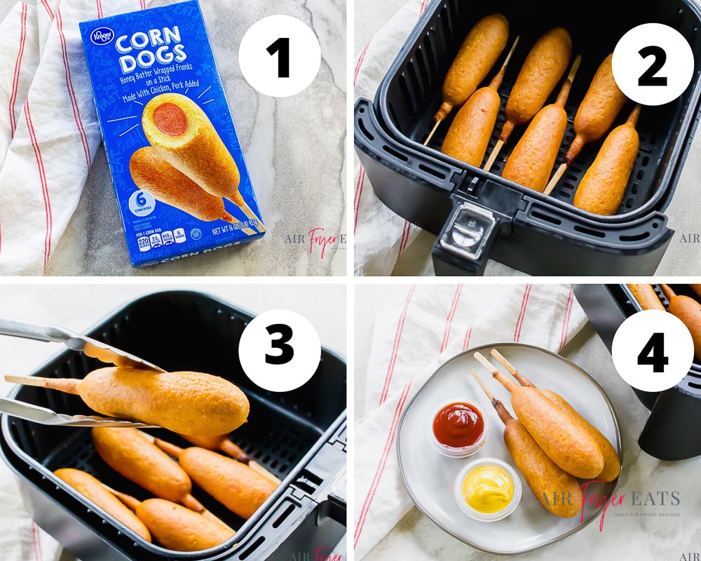 Collage picture. Top left corn is a kroger branded blue box of corndogs., picture to top right is 6 dogs in the black air fryer basket, bottom left picture is a pair of tongs holding a cooked dog over top of a black air fryer basket., bottom right picture is 3 dogs stacked on a grey plate with a container of red ketchup and yellow mustard.