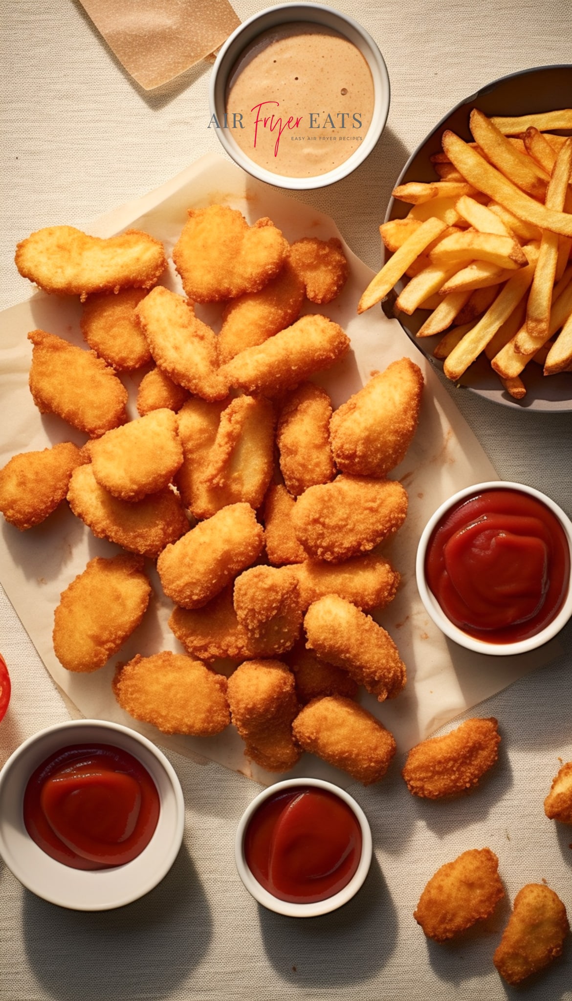 air fryer frozen chicken nuggets cooked on parchment paper with a side of fries and ketchup