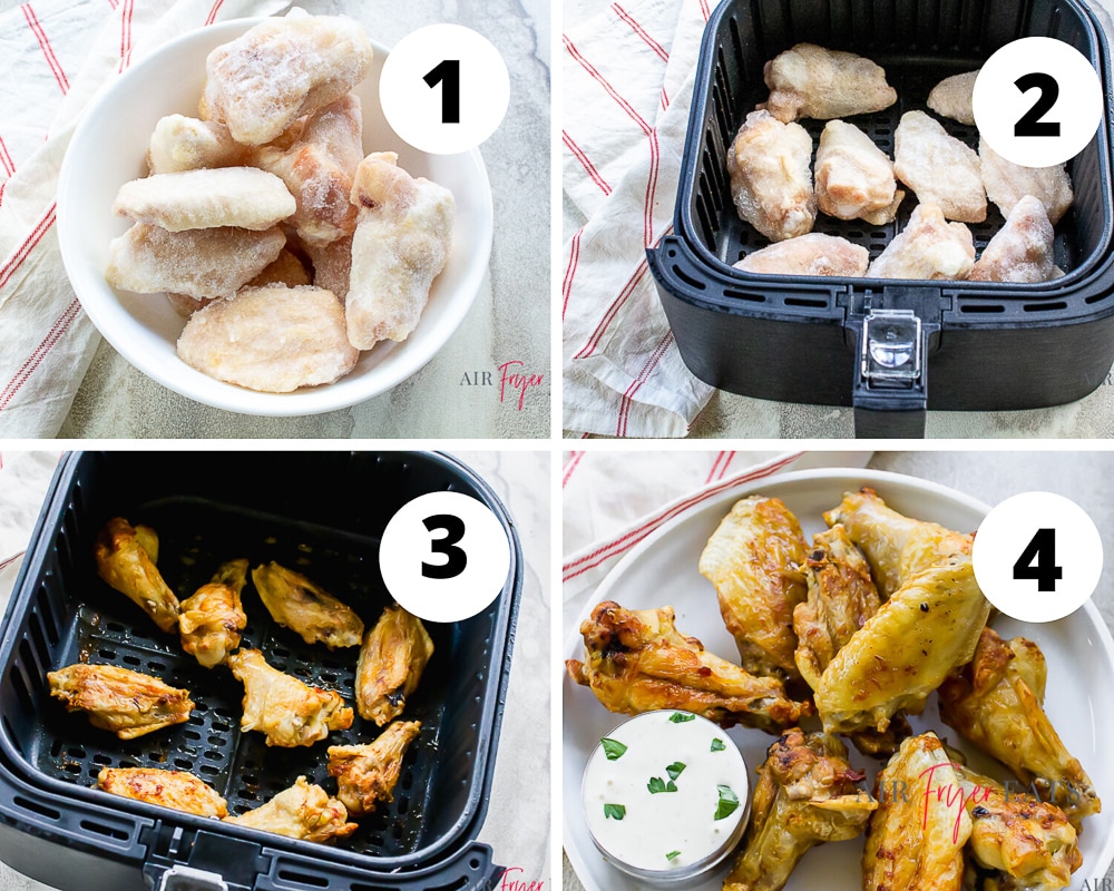 Collage of four pictures showing how to make frozen chicken wings in the air fryer. Picture 1 is in the left top corner shows frozen chicken wings in white bowl. Picture two is top right color has frozen wings in air fryer basket. Picture 3 is bottom left with cooked chicken wings in black air fryer basket. Picture 4 is bottom right with cooked chicken wings on white plate with a cup of ranch sauce.