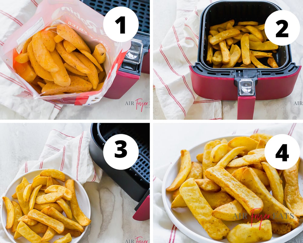 Four picture collage showing steps to make air fryer steak fries. PIc one is an overhead shot looking down into the open back of steak fries. Pic two is the fries in a red and black air fryer basket. Pic three is of the cooked fries on a white plate and air fryer basket angled to the top right. Pic four is a close up shot of the fries on a white plate.