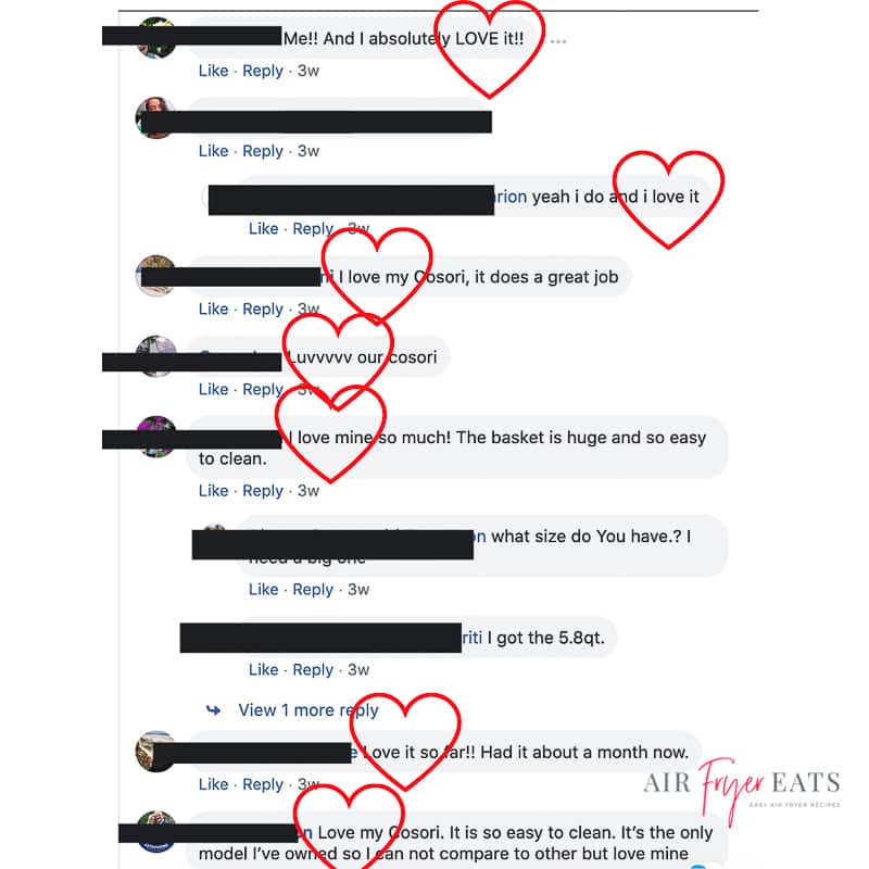 screenshot from facebook group with names blacked out and pictures blacked up but hearts around the comments that were positive cosori air fryer reviews