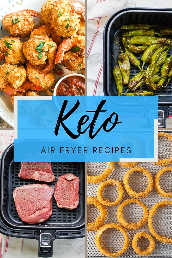 four picture collage with text overlay keto air fryer recipes