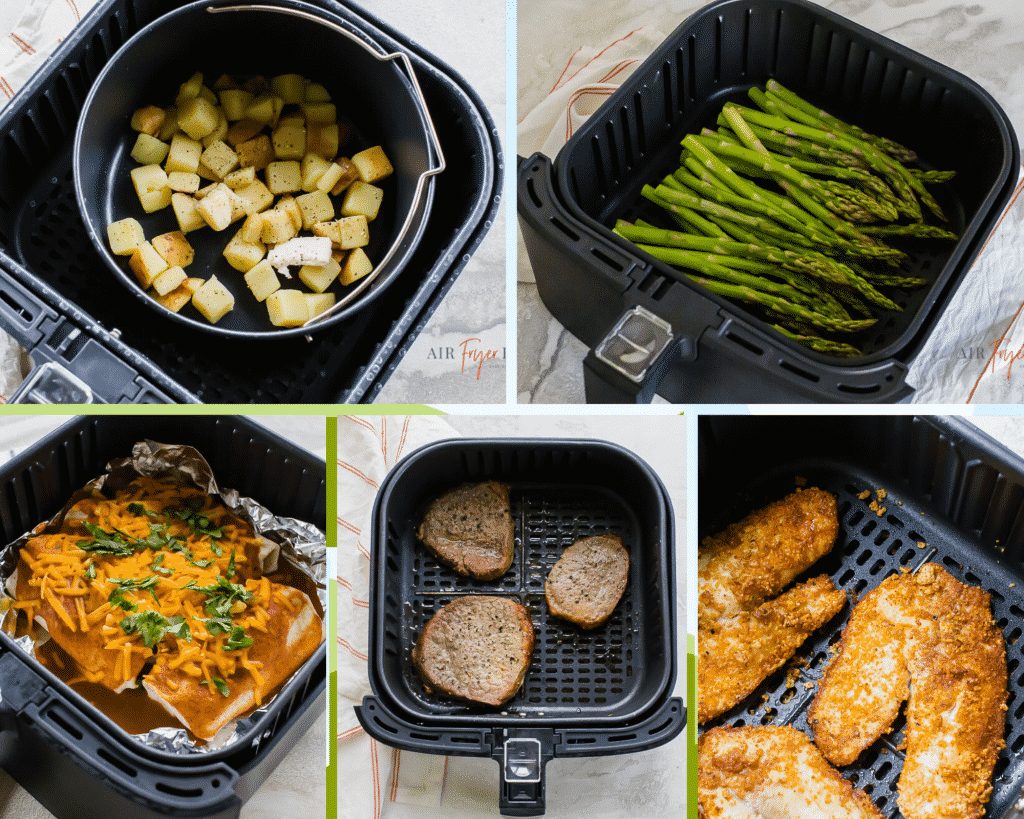 collage of food in black air fryer baskets
