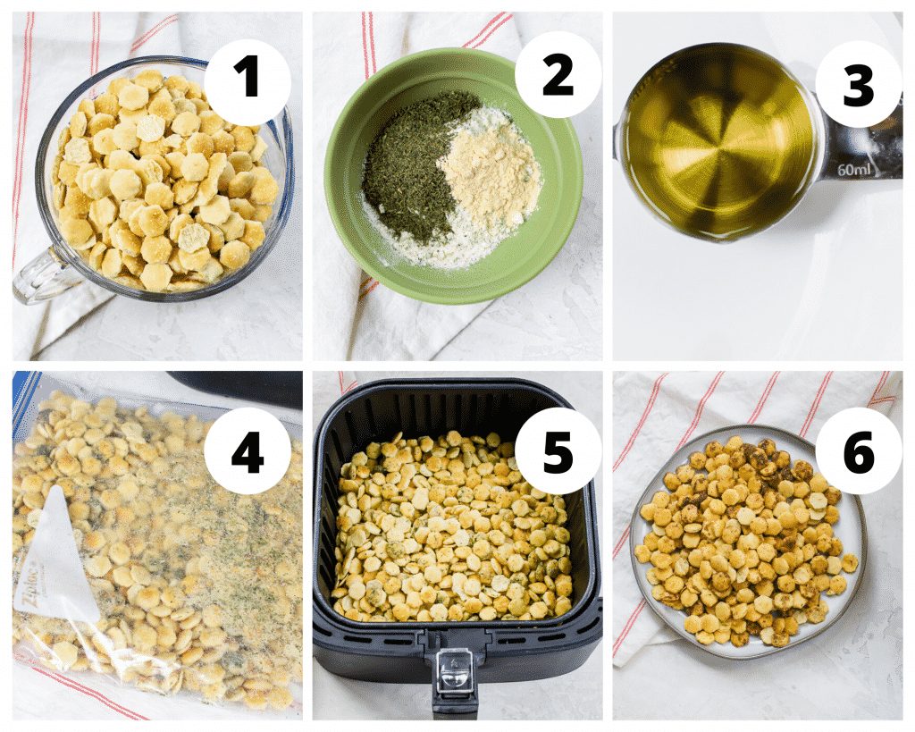 6 picture collage showing the steps to make air fryer ranch oyster crackers. Mix the crackers with seasoning and oil. Air fry and enjoy.