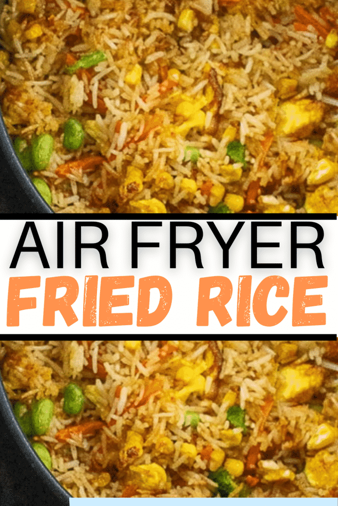 AIR FRYER FRIED RICE CLOSE UP SHOT OF CRUSTED BROWN RICE WITH WORDS "AIR FRYER FRIED RICE"