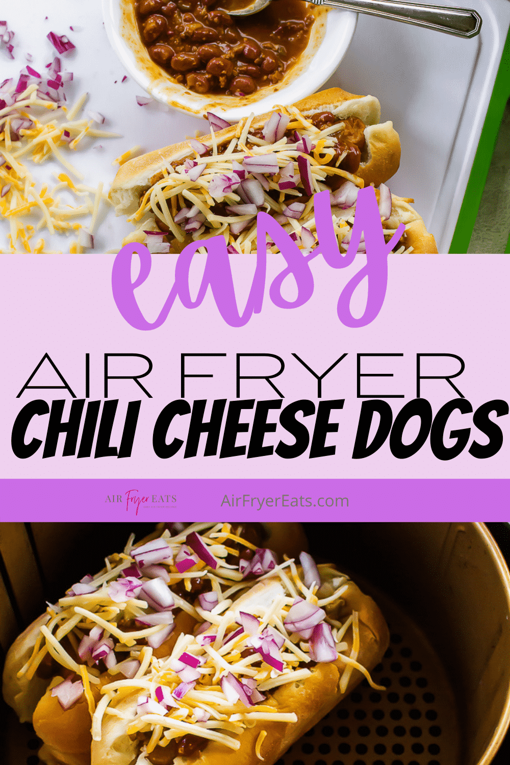 These Air Fryer Chili Cheese Dogs are quick to make, easy to assemble, and perfect for feeding a crowd! You'll dream of ballpark days with these chili dogs. #partyfood #chilicheesedogs #airfryerchilidogs via @vegetarianmamma