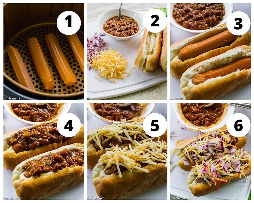 steps to make air fryer chili cheese dogs