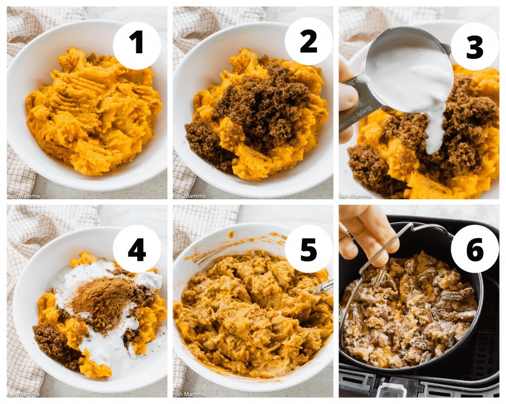 collage picture of how to make air fryer sweet potato casserole