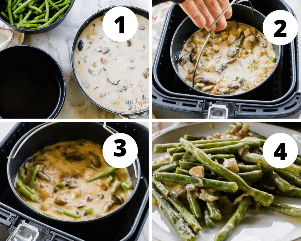 4 picture image collage of the steps to make air fryer green bean casserole step one make the sauce, step two combine with beans and put into pot, step three air fryer, step 4 eat